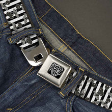 Load image into Gallery viewer, BD Wings Logo CLOSE-UP Full Color Black Silver Seatbelt Belt - Cherries Scattered/Vertical Stripe White/Black/Grays Webbing