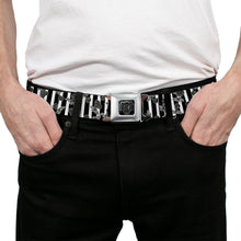 Load image into Gallery viewer, BD Wings Logo CLOSE-UP Full Color Black Silver Seatbelt Belt - Cherries Scattered/Vertical Stripe White/Black/Grays Webbing
