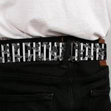 Load image into Gallery viewer, BD Wings Logo CLOSE-UP Full Color Black Silver Seatbelt Belt - Cherries Scattered/Vertical Stripe White/Black/Grays Webbing