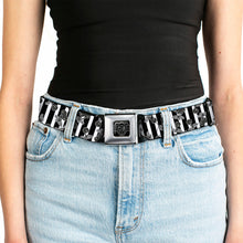 Load image into Gallery viewer, BD Wings Logo CLOSE-UP Full Color Black Silver Seatbelt Belt - Cherries Scattered/Vertical Stripe White/Black/Grays Webbing