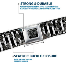 Load image into Gallery viewer, BD Wings Logo CLOSE-UP Full Color Black Silver Seatbelt Belt - Cherries Scattered/Vertical Stripe White/Black/Grays Webbing