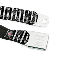 Load image into Gallery viewer, BD Wings Logo CLOSE-UP Full Color Black Silver Seatbelt Belt - Cherries Scattered/Vertical Stripe White/Black/Grays Webbing