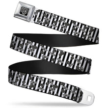 Load image into Gallery viewer, BD Wings Logo CLOSE-UP Full Color Black Silver Seatbelt Belt - Cherries Scattered/Vertical Stripe White/Black/Grays Webbing