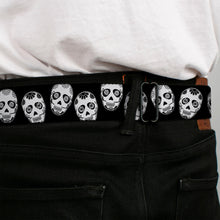 Load image into Gallery viewer, BD Wings Logo CLOSE-UP Black/Silver Seatbelt Belt - Sugar Skulls Black/White/Black Webbing