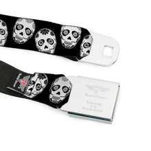Load image into Gallery viewer, BD Wings Logo CLOSE-UP Black/Silver Seatbelt Belt - Sugar Skulls Black/White/Black Webbing