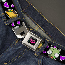 Load image into Gallery viewer, INVADER ZIM Title Logo Full Color Pink/Green Seatbelt Belt - Invader Zim GIR and Tacos Heart Collage Black Webbing