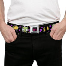 Load image into Gallery viewer, INVADER ZIM Title Logo Full Color Pink/Green Seatbelt Belt - Invader Zim GIR and Tacos Heart Collage Black Webbing