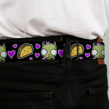 Load image into Gallery viewer, INVADER ZIM Title Logo Full Color Pink/Green Seatbelt Belt - Invader Zim GIR and Tacos Heart Collage Black Webbing
