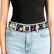 Load image into Gallery viewer, INVADER ZIM Title Logo Full Color Pink/Green Seatbelt Belt - Invader Zim GIR and Tacos Heart Collage Black Webbing