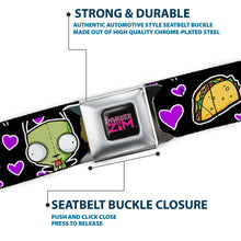 Load image into Gallery viewer, INVADER ZIM Title Logo Full Color Pink/Green Seatbelt Belt - Invader Zim GIR and Tacos Heart Collage Black Webbing