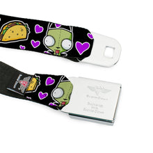 Load image into Gallery viewer, INVADER ZIM Title Logo Full Color Pink/Green Seatbelt Belt - Invader Zim GIR and Tacos Heart Collage Black Webbing