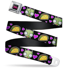 Load image into Gallery viewer, INVADER ZIM Title Logo Full Color Pink/Green Seatbelt Belt - Invader Zim GIR and Tacos Heart Collage Black Webbing