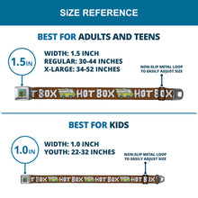 Load image into Gallery viewer, Scooby &amp; Shaggy BAKED Full Color Turquoise Green Seatbelt Belt - Mystery Machine HOT BOXED Clouds Orange/White Webbing