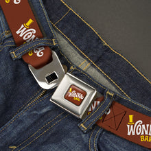 Load image into Gallery viewer, Willy Wonka and the Chocolate Factory WONKA BAR Logo Full Color Brown/Yellow/White Seatbelt Belt - Willy Wonka and the Chocolate Factory WONKA BAR Logo Brown/Yellow/White Webbing