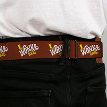 Load image into Gallery viewer, Willy Wonka and the Chocolate Factory WONKA BAR Logo Full Color Brown/Yellow/White Seatbelt Belt - Willy Wonka and the Chocolate Factory WONKA BAR Logo Brown/Yellow/White Webbing