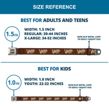 Load image into Gallery viewer, Willy Wonka and the Chocolate Factory WONKA BAR Logo Full Color Brown/Yellow/White Seatbelt Belt - Willy Wonka and the Chocolate Factory WONKA BAR Logo Brown/Yellow/White Webbing