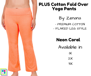 PLUS Cotton Fold Over Yoga Pants - Neon Coral