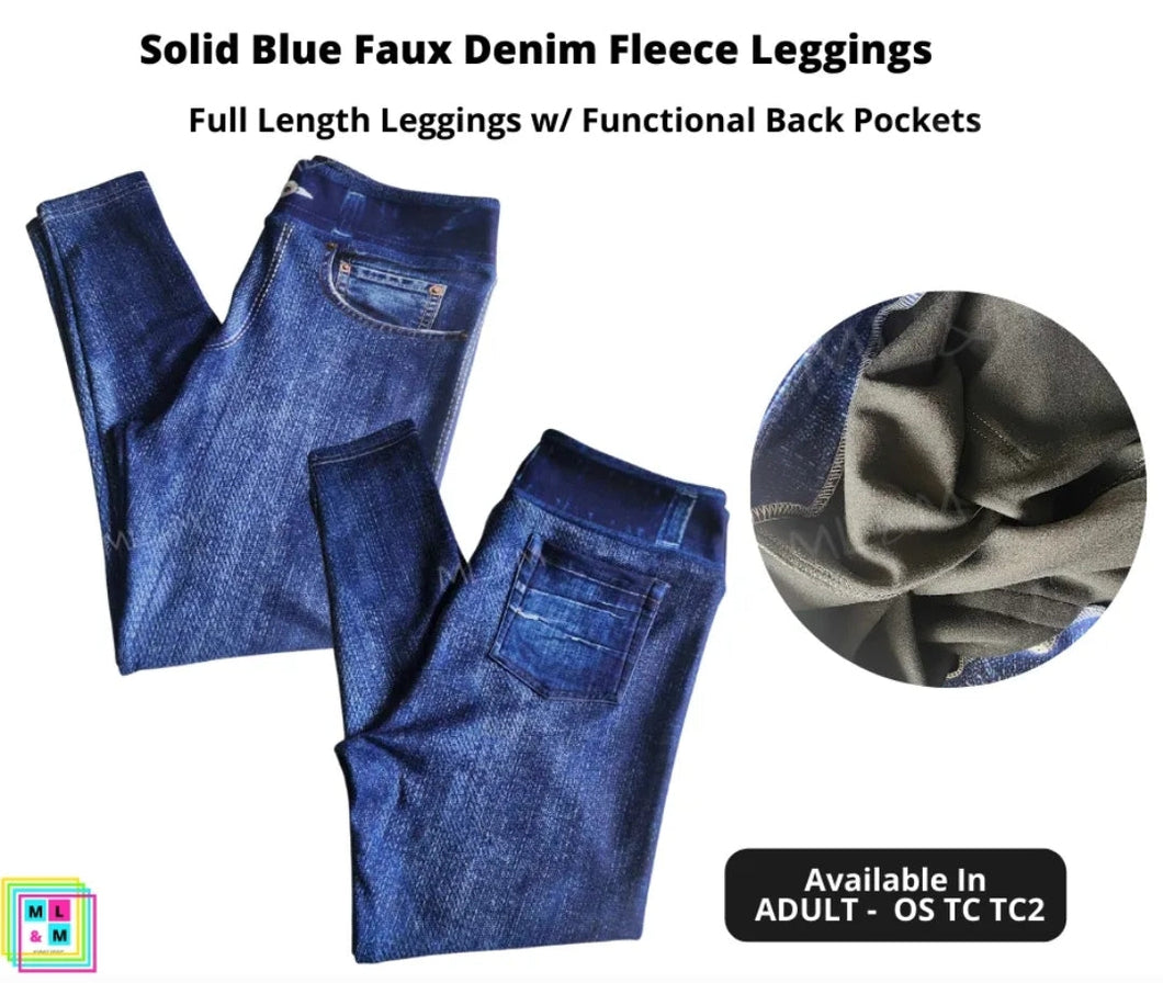 Solid Blue Faux Denim Fleece Leggings by ML&M