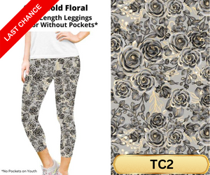 Grey Gold Floral Capri Length Leggings w/ Pockets