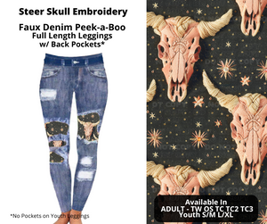 Preorder! Closes 10/28. ETA Dec. Steer Skull Embroidery Faux Denim Peekaboo Full Length