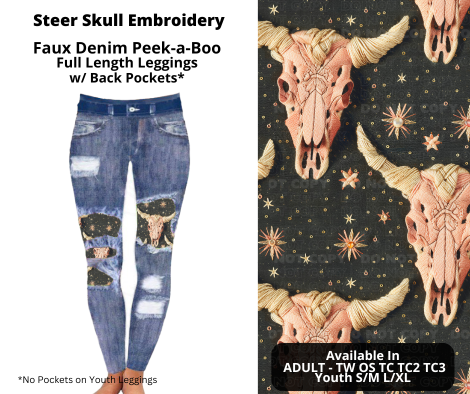 Preorder! Closes 10/28. ETA Dec. Steer Skull Embroidery Faux Denim Peekaboo Full Length