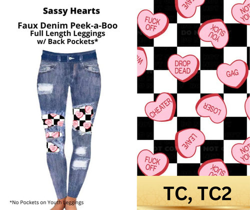 Sassy Hearts Faux Denim Full Length Peekaboo Leggings