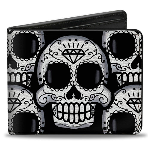 Bi-Fold Wallet - Cartoon Sugar Skulls Stacked Black White