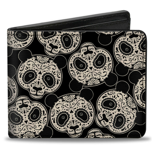 Bi-Fold Wallet - Panda Bear Sugar Skull Scattered Black White