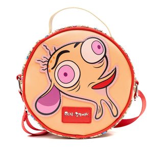 Nickelodeon Vegan Leather Round Crossbody Bag with Adjustable Straps, Ren and Stimpy Character Face Close Up Appliques, Red Beige