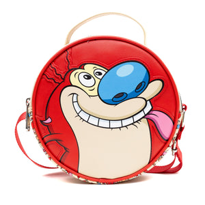 Nickelodeon Vegan Leather Round Crossbody Bag with Adjustable Straps, Ren and Stimpy Character Face Close Up Appliques, Red Beige