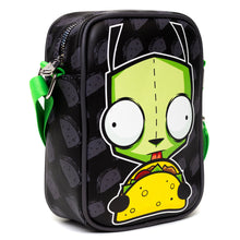Load image into Gallery viewer, Nickelodeon Bag, Cross Body, Invader Zim GIR Taco Pose With Taco Print Black Gray, Vegan Leather