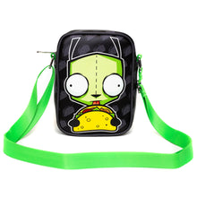 Load image into Gallery viewer, Nickelodeon Bag, Cross Body, Invader Zim GIR Taco Pose With Taco Print Black Gray, Vegan Leather