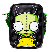 Load image into Gallery viewer, Nickelodeon Bag, Cross Body, Invader Zim GIR Taco Pose With Taco Print Black Gray, Vegan Leather