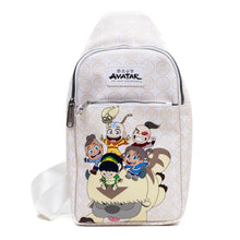 Load image into Gallery viewer, Nickelodeon Vegan Leather Crossbody Sling Bag, Avatar Last Airbender Chibi Group Pose on Appa, White, 7" x 14"