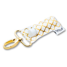 Load image into Gallery viewer, Gold Quatrefoil on White LippyClip® Lip Balm Holder