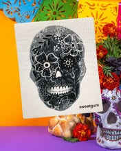 Load image into Gallery viewer, Black Flower Skull Swedish Dishcloth | Halloween &amp; Dia de los Muertos