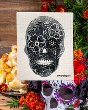 Load image into Gallery viewer, Black Flower Skull Swedish Dishcloth | Halloween &amp; Dia de los Muertos
