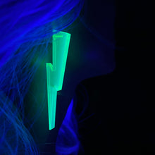 Load image into Gallery viewer, Chunky Statement Lightning Bolt Earrings in Black Light Reactive Clear Green