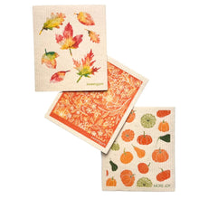 Load image into Gallery viewer, Bundle of 3 Swedish Dishcloths | Autumn Leaves, Orange Flowers, Pumpkins &amp; Gourds