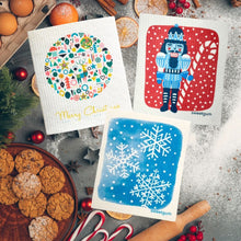 Load image into Gallery viewer, Bundle of 3 Swedish Dishcloths | Blue Nutcracker, Ornament Ball, Blue Snowflakes
