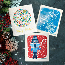 Load image into Gallery viewer, Bundle of 3 Swedish Dishcloths | Blue Nutcracker, Ornament Ball, Blue Snowflakes