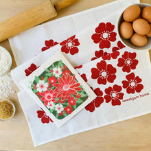 Load image into Gallery viewer, Red Flowers Tea Towel + Poinsettia Swedish Dishcloth Bundle