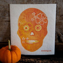 Load image into Gallery viewer, Orange Flower Skull Swedish Dishcloth | Halloween &amp; Dia de los Muertos