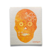 Load image into Gallery viewer, Orange Flower Skull Swedish Dishcloth | Halloween &amp; Dia de los Muertos