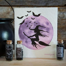 Load image into Gallery viewer, Halloween Witch and Moon Swedish Dishcloth |  Purple &amp; Black