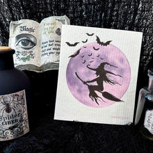 Load image into Gallery viewer, Halloween Witch and Moon Swedish Dishcloth |  Purple &amp; Black