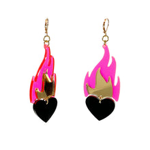 Load image into Gallery viewer, Love A La Flambé Burning Heart on Fire Dangle Earrings - Nightmare Hot Pink