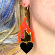 Load image into Gallery viewer, Love A La Flambé Burning Heart on Fire Dangle Earrings - Nightmare Hot Pink