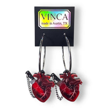 Load image into Gallery viewer, Chopped Heart Hoops - Drop Dead Red Silver Hoops