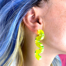 Load image into Gallery viewer, Chunky Squiggle Statement Earrings - Black Light Reactive Clear Green